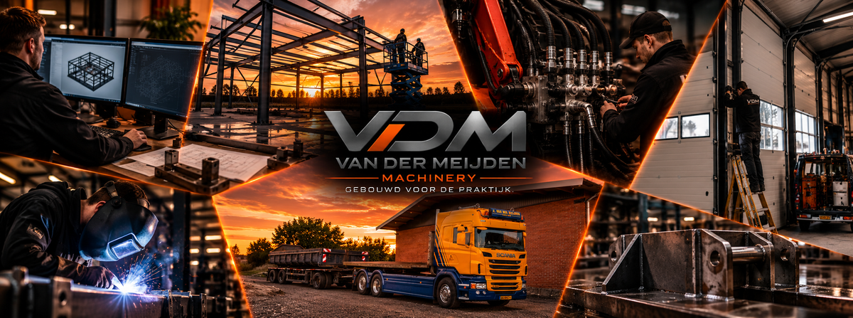 VDM Machinery banner met staalbouw, hydrauliek, overheaddeuren, tekenwerk en eigen Scania vrachtwagen
